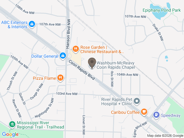 Map showing location of Washburn-McReavy Coon Rapids Chapel