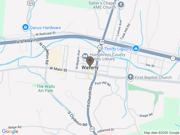 Map showing location of Luff-Bowen Funeral Home & Richlawn Cemetery: Waverly