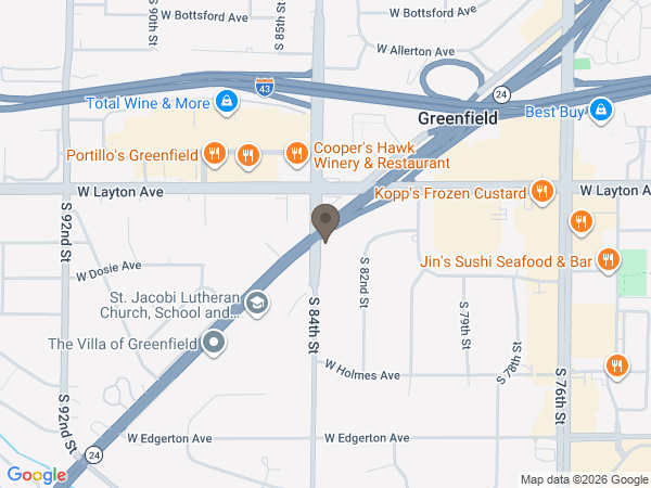 Map showing location of Heritage Funeral Home – Greenfield