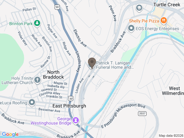 Map showing location of Patrick T Lanigan Funeral Home: East Pittsburgh