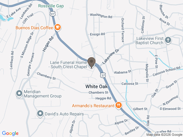 Map showing location of Lane Funeral Home and Crematory South Crest Chapel
