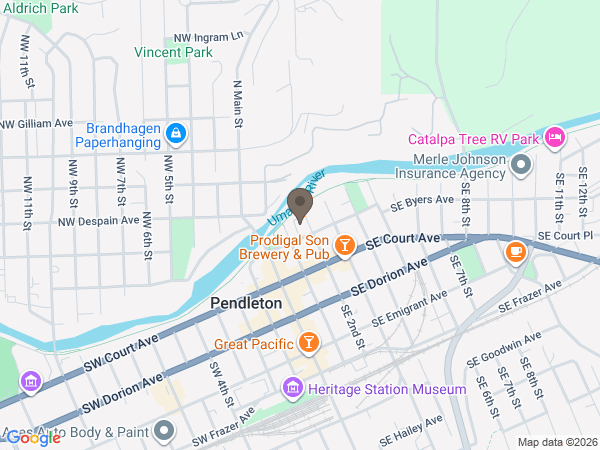 Map showing location of Pendleton Pioneer Chapel Folsom-Bishop