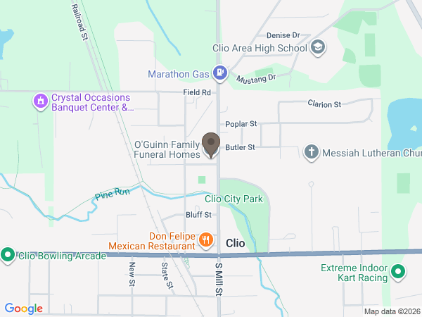 Map showing location of O'Guinn Funeral Home