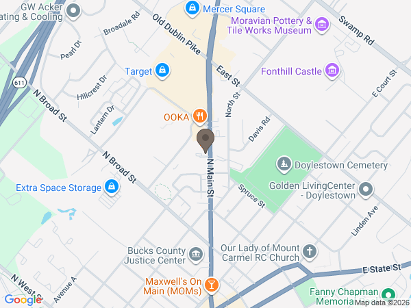 Map showing location of Varcoe Thomas Funeral Home of Doylestown