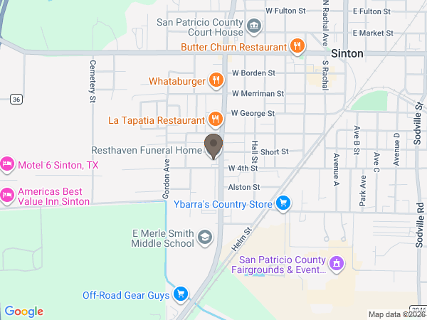Map showing location of Rest Haven Funerals: Sinton