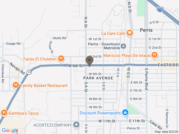 Map showing location of Evans‐Brown Mortuary: Perris