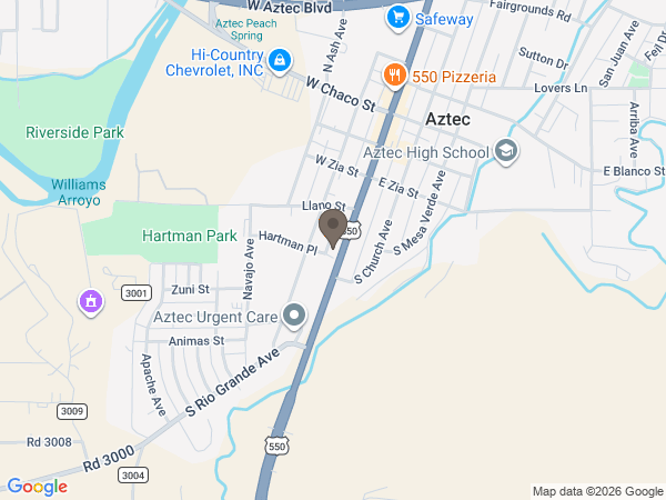 Map showing location of Cope Memorial Chapel: Aztec