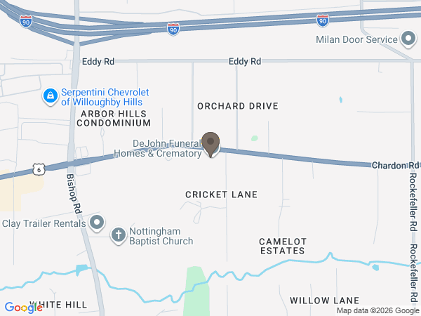 Map showing location of DeJohn Funeral Homes