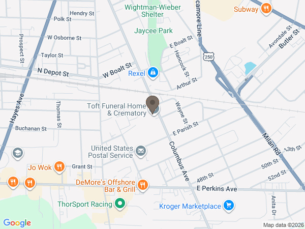 Map showing location of Toft Funeral Home & Crematory