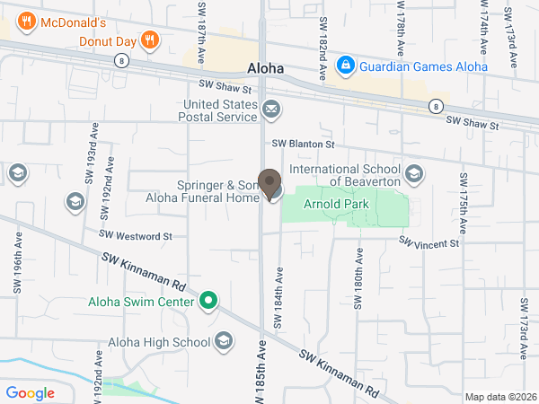 Map showing location of Springer & Son Aloha Funeral Home