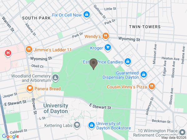 Map showing location of Woodland Cemetery & Arboretum