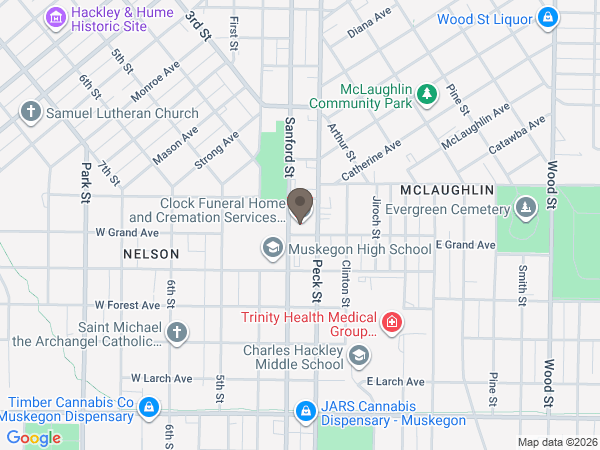 Map showing location of Clock Funeral Home