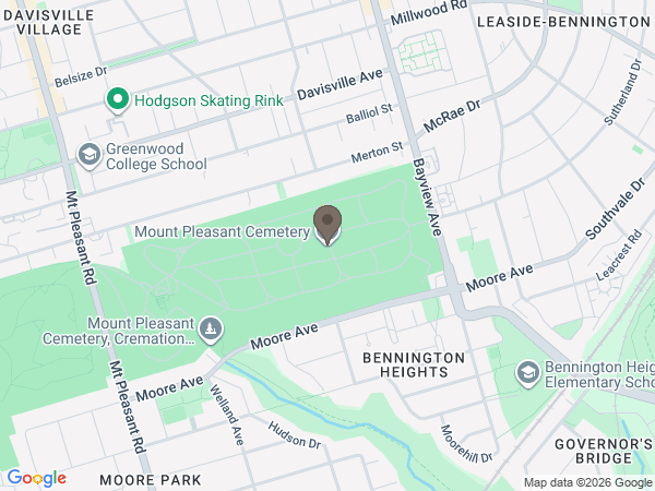 Map showing location of Mount Pleasant Cemetery and Cremation Centre