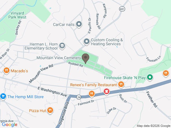 Map showing location of Mountain View Cemetery