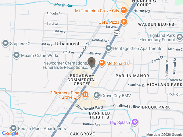 Map showing location of Newcomer Funeral Service Group:  Southwest Columbus