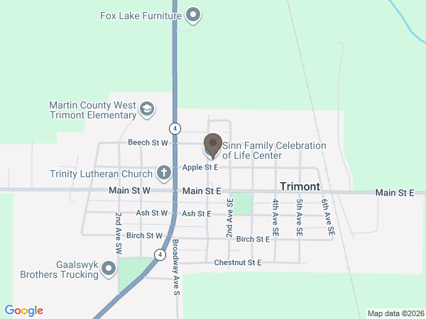 Map showing location of Sinn Family Celebration of Life Center